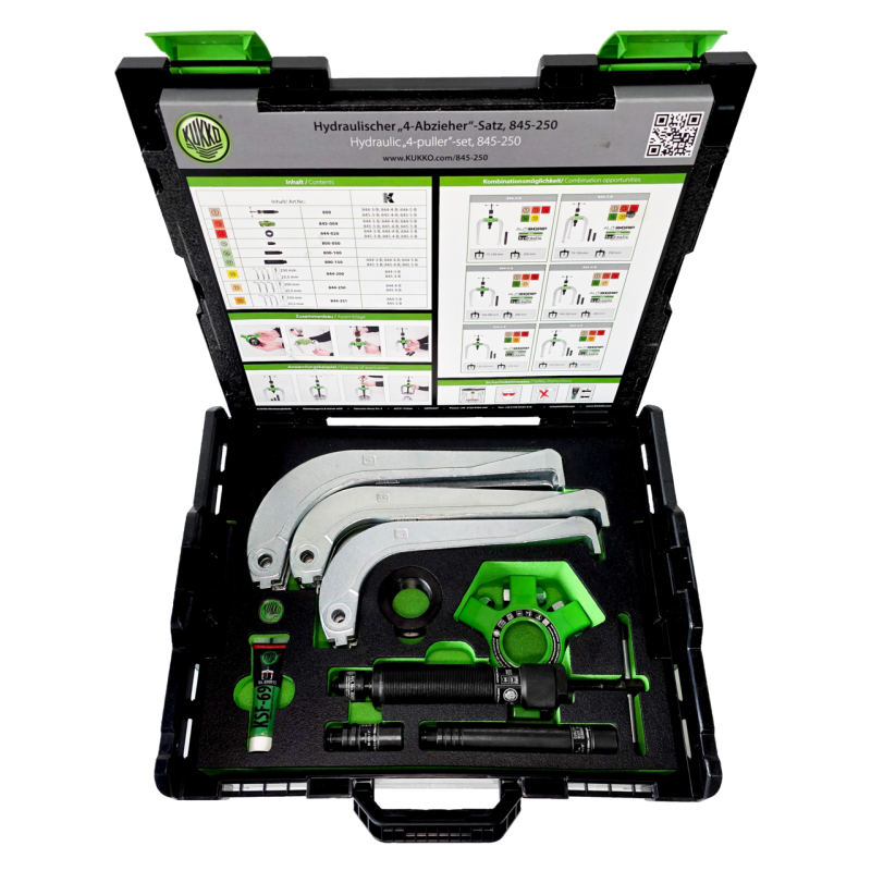 Kukko Hydraulischer „6 Abzieher“-Satz 75-250 x 250 mm / 10 ton mit selbstzentrierenden Abzugshaken